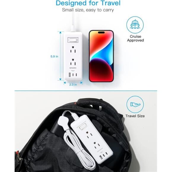 Flat Plug Power Strip, Ultra Thin Extension Cord, 6 Outlets 3 USB Ports(2 USB C) - Picture 6 of 8